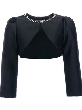 Tulleen Cropped Sating Cardigan, Black 7-8y